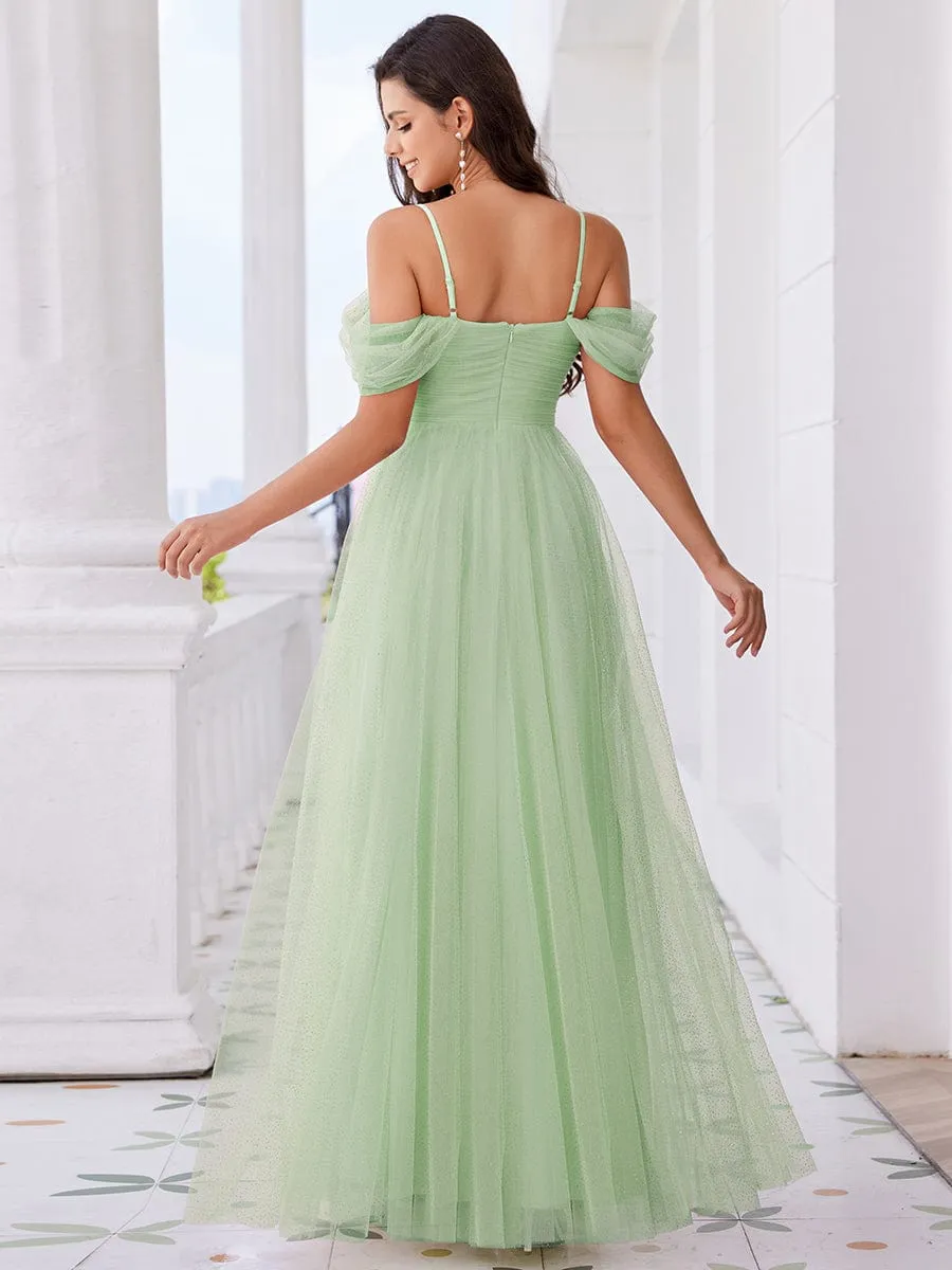 Spaghetti Strap Backless Sweetheart A-Line Tulle Bridesmaid Dress