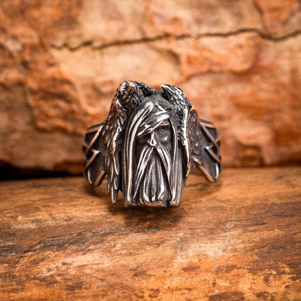 Stainless Steel Odin and Raven Ring