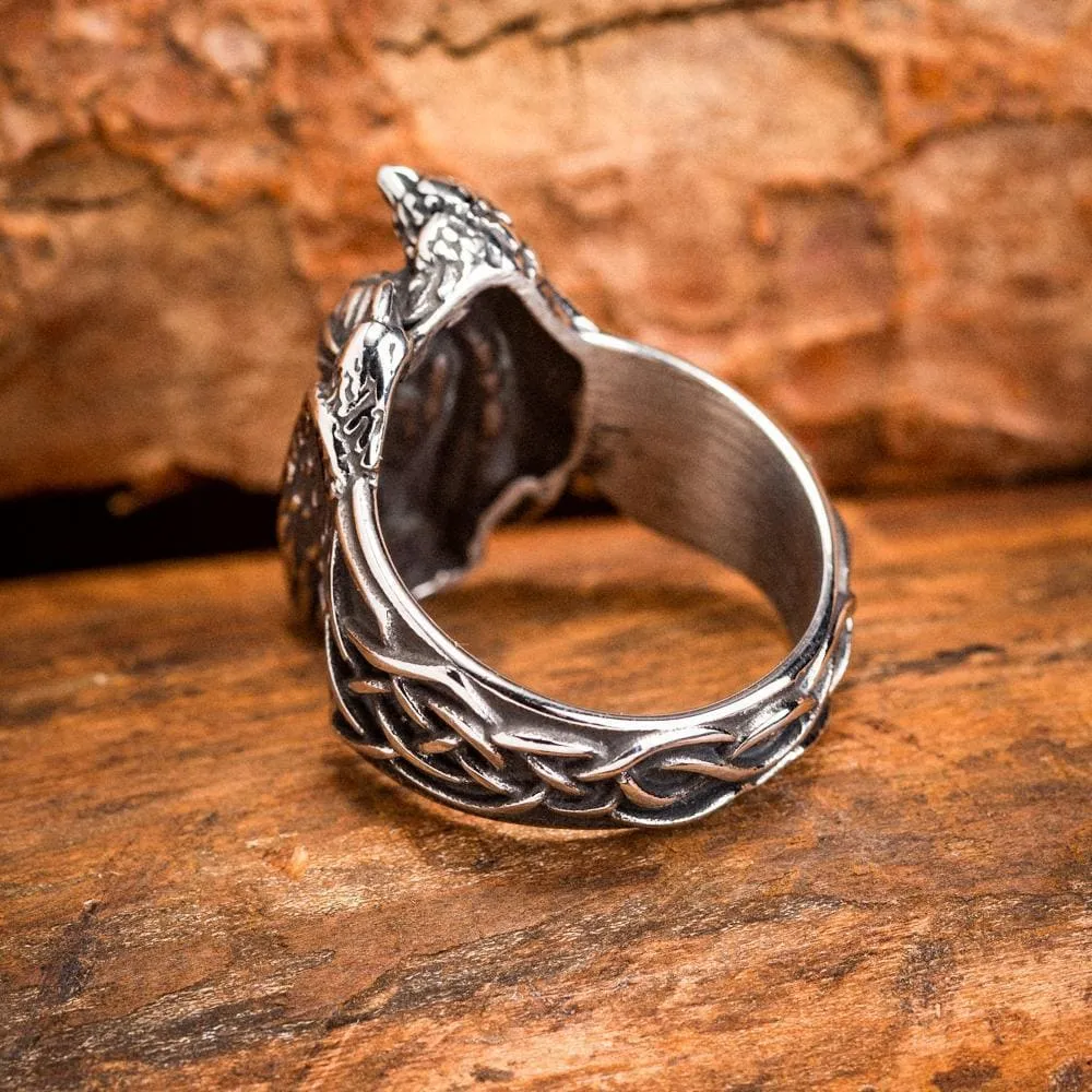 Stainless Steel Odin and Raven Ring