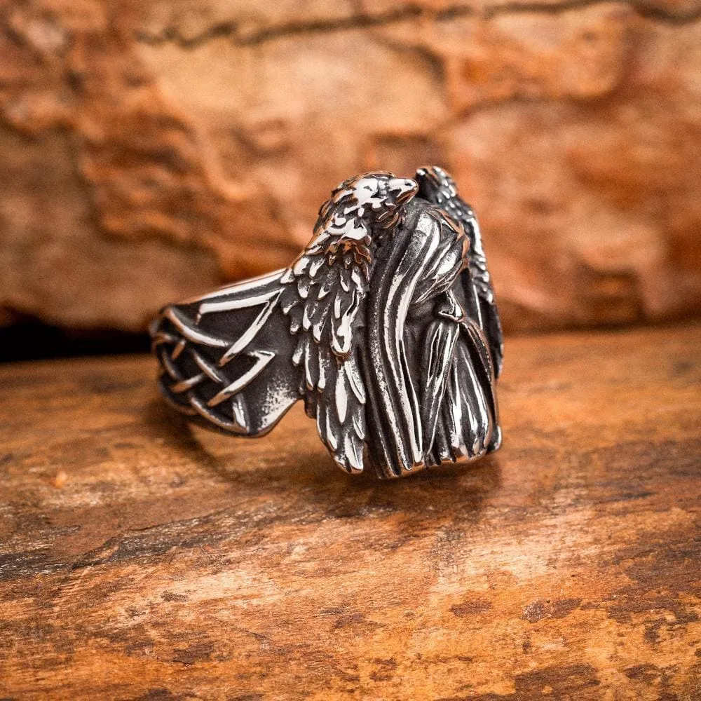 Stainless Steel Odin and Raven Ring