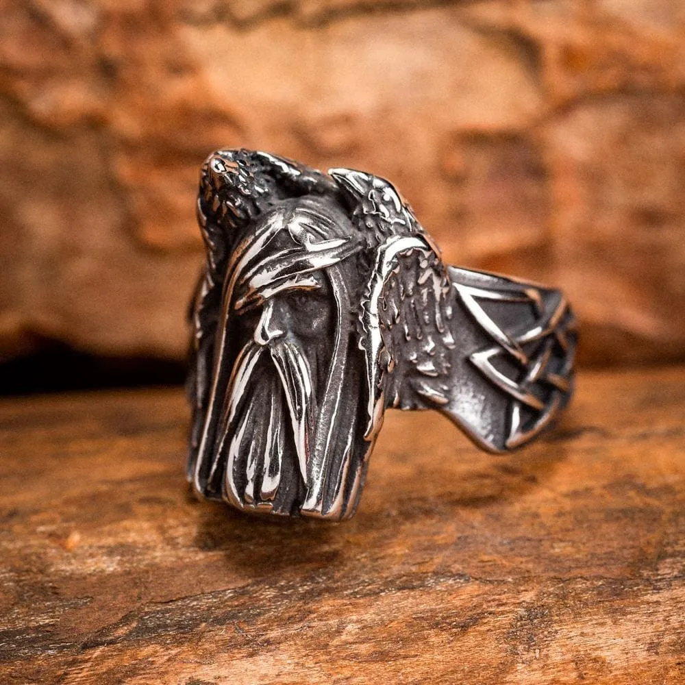 Stainless Steel Odin and Raven Ring