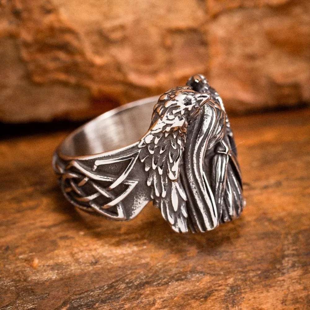 Stainless Steel Odin and Raven Ring