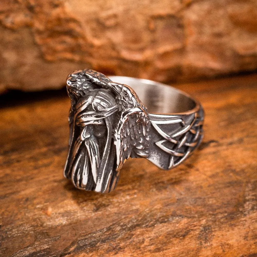 Stainless Steel Odin and Raven Ring