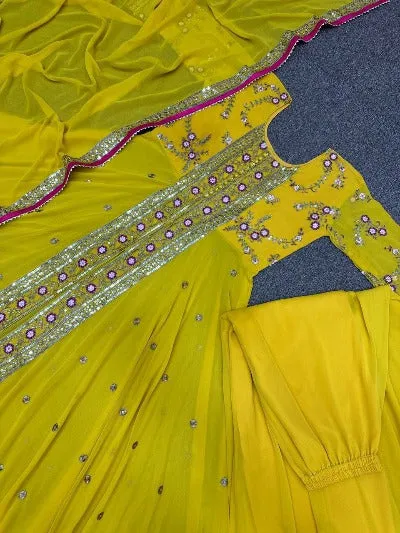 Sunflower Yellow Designer Georgette Sequenced Anarkali Gown Set Of 3