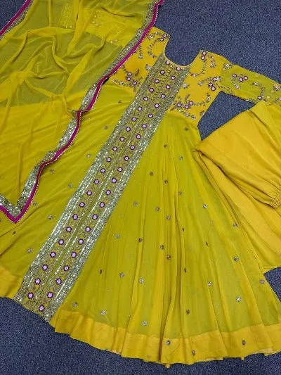 Sunflower Yellow Designer Georgette Sequenced Anarkali Gown Set Of 3