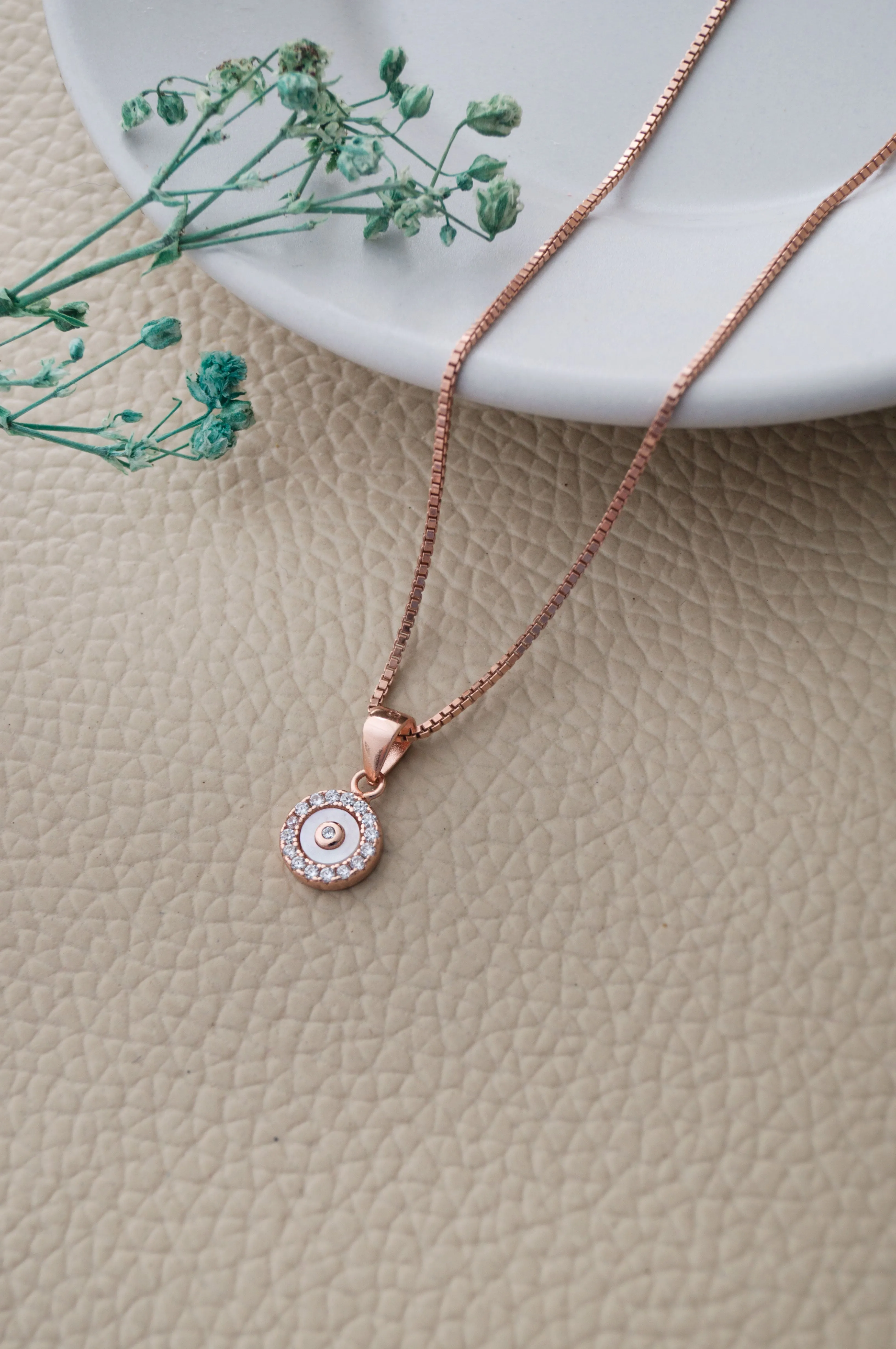 Tiny Mother Of Pearl Circlet Rose Gold Plated Sparkle Sterling Silver Pendant