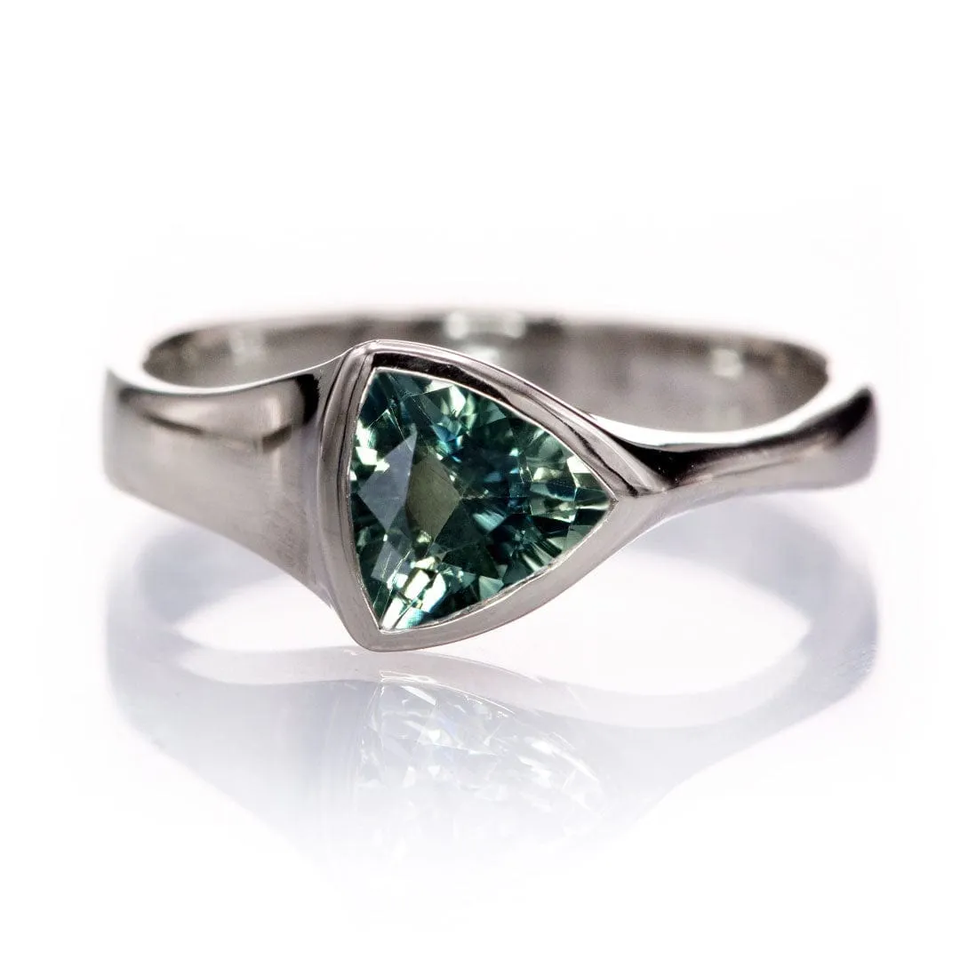 Trillion Genuine Teal-Green 1.07ct Madagascar Sapphire Bezel Solitaire Engagement Ring