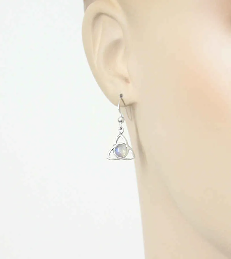 Triquetra With Rainbow Moonstone Cabochon Drop Earrings