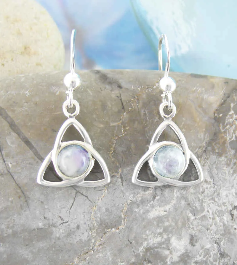 Triquetra With Rainbow Moonstone Cabochon Drop Earrings