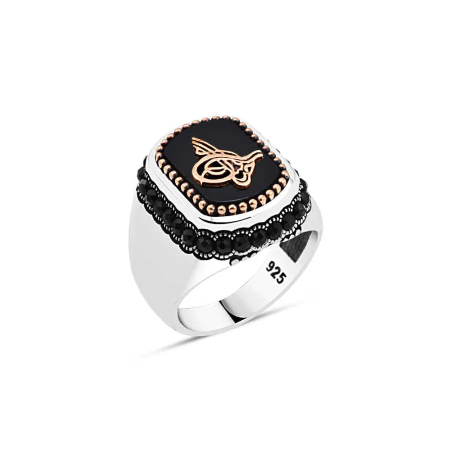 Tughra on Rectangle Black Onyx Stone with Circling Zircons Silver Men's Ring