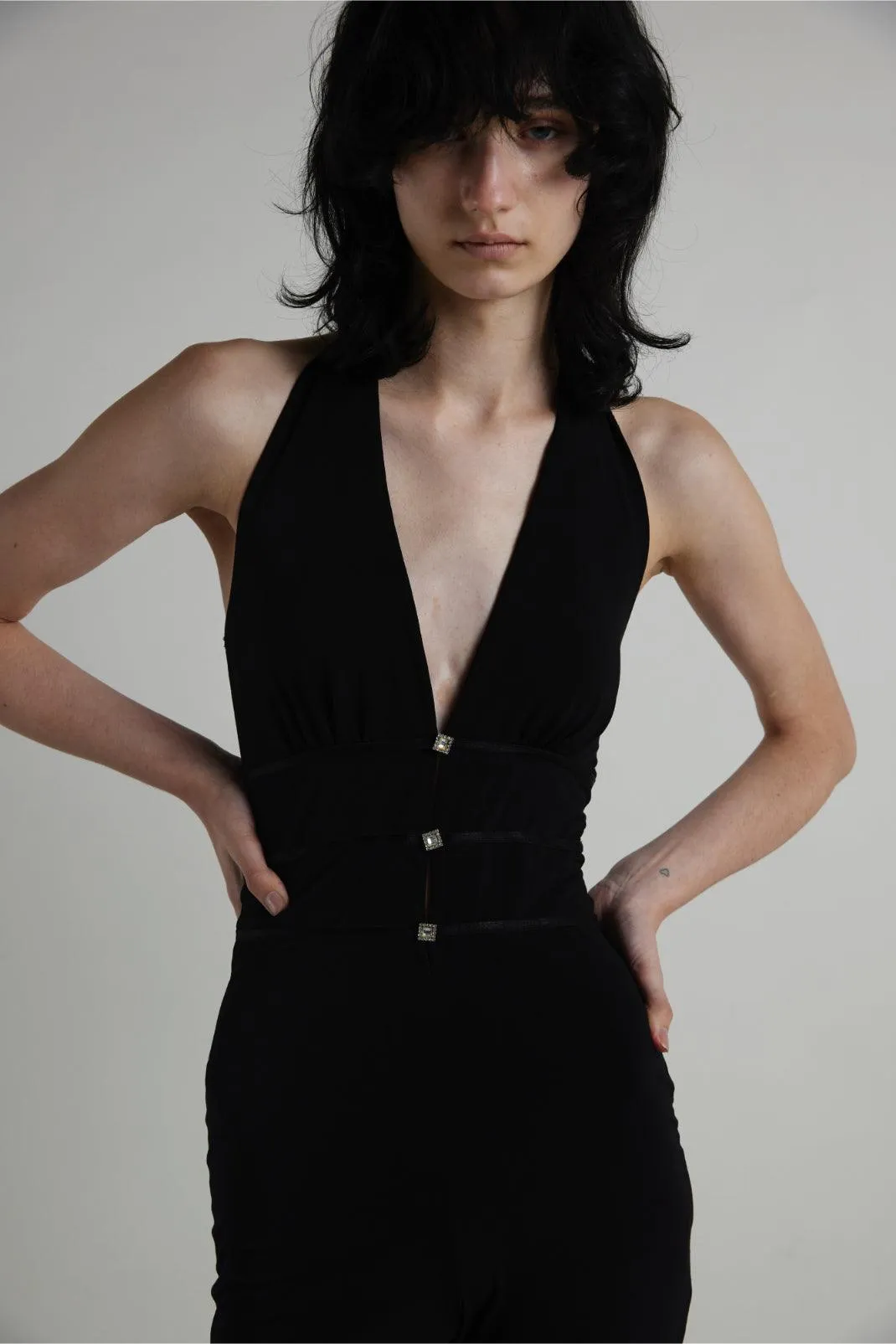 Vintage 1970s Black Low Halter Neck Jumpsuit