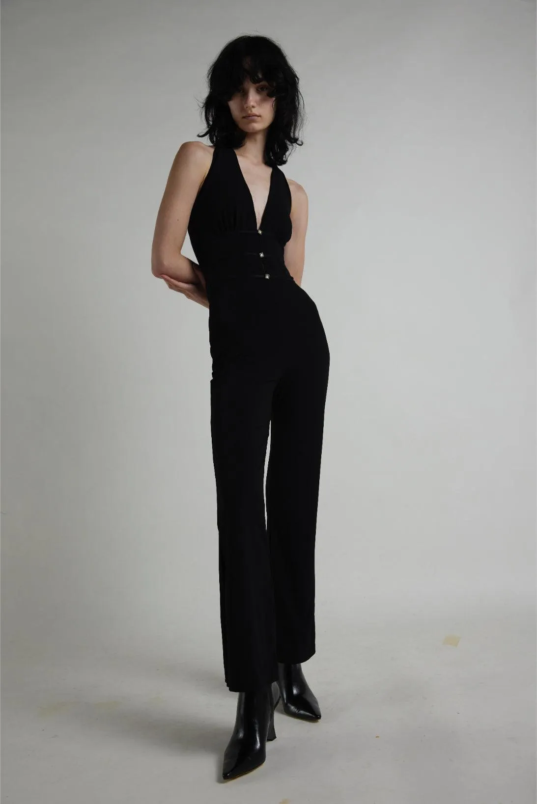 Vintage 1970s Black Low Halter Neck Jumpsuit