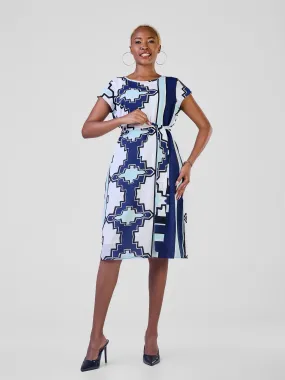 Vivo Muna Cap Sleeved Knee Length Dress - Navy Blue / Black Abstract Print