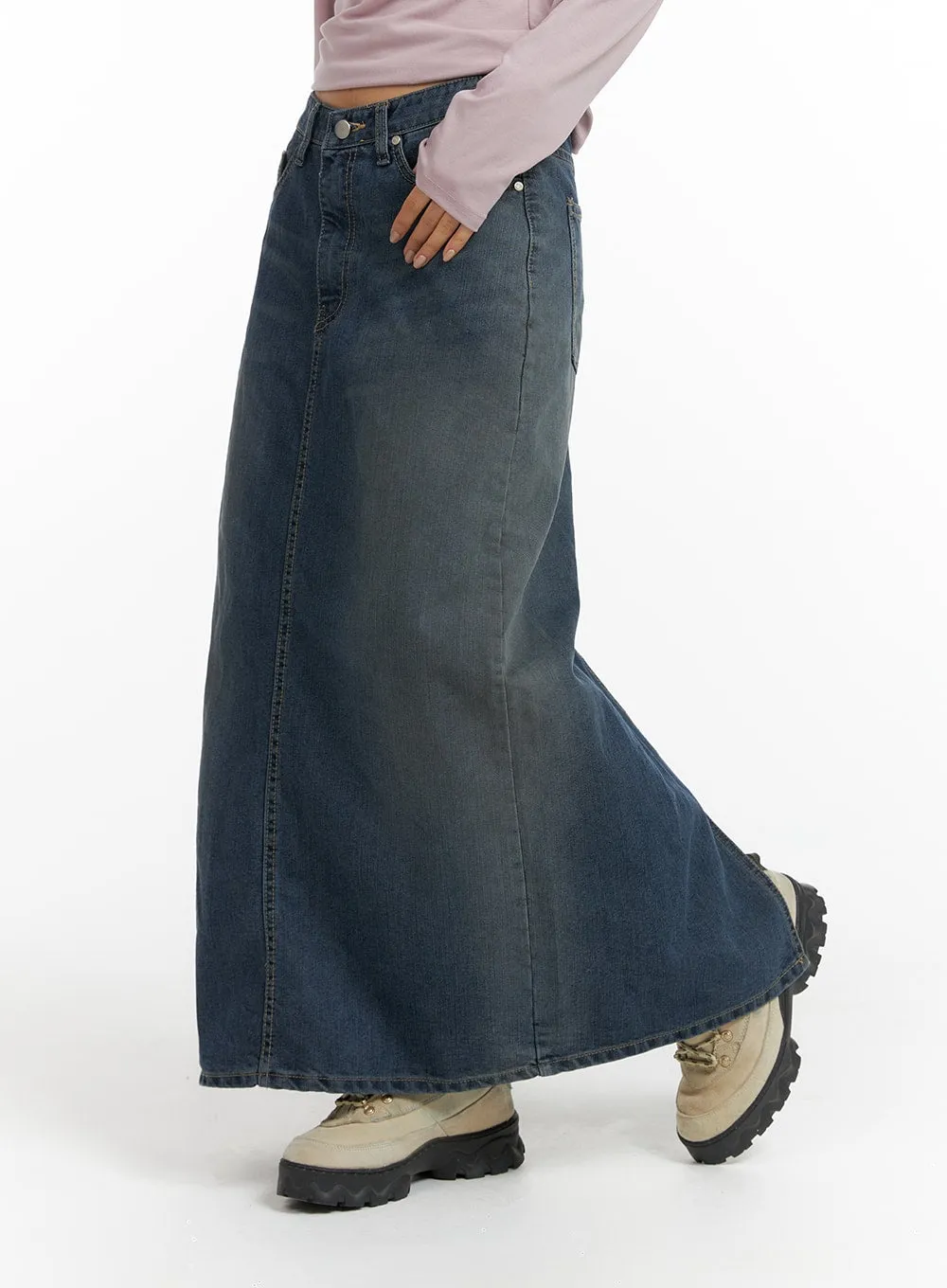 Washed Denim Maxi Skirt CF419