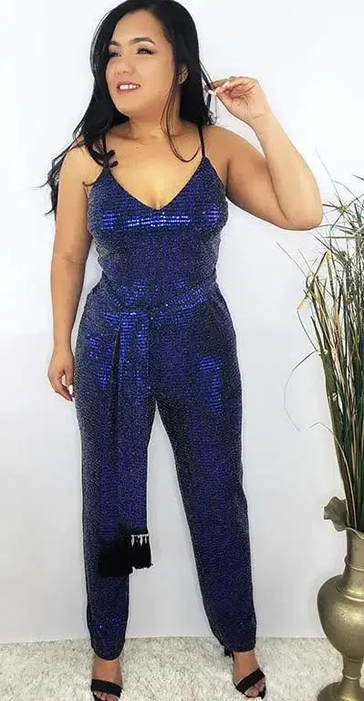 Women's Blue Sequin Jumpsuit | Shimer Waist Tie