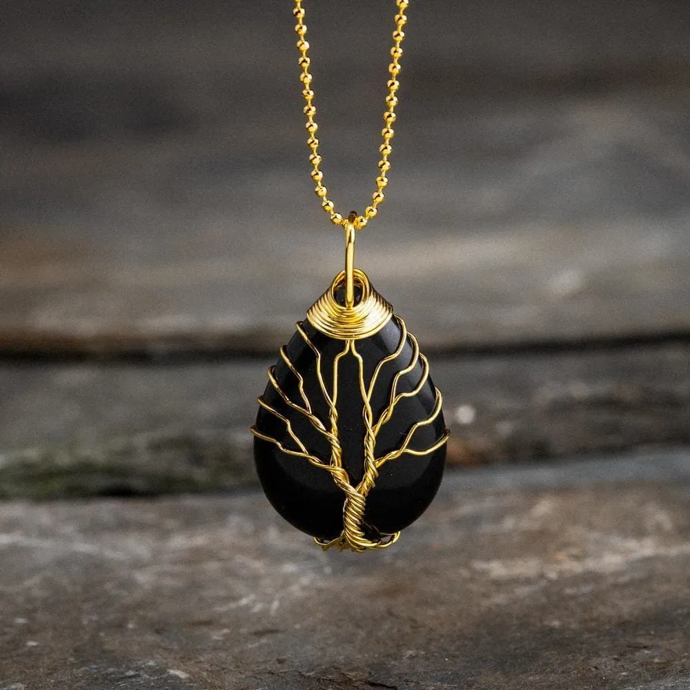 Yggdrasil / Tree of Life Necklace on Teardrop Semi-Precious Stone